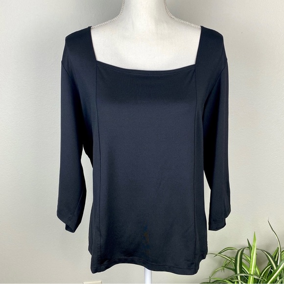 Susan Graver, Plus Size 1X Black Blouse Square Neckline Stretchy EUC - Picture 2 of 9